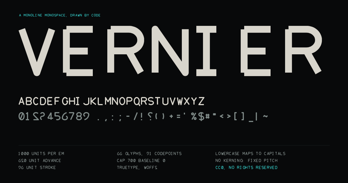 Vernier specimen sheet: the word VERNIER set large, the full alphabet and figures below, technical data at the foot.